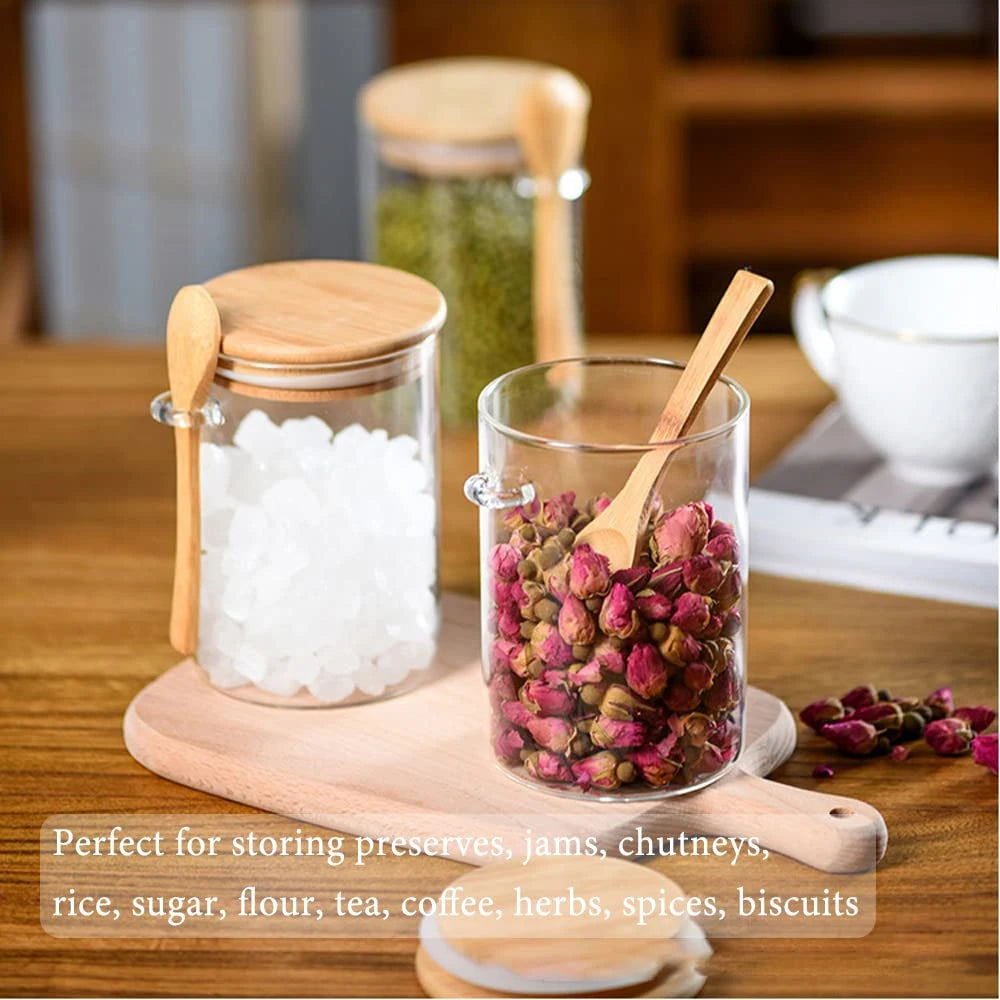 1/2/3/4pcs Airtight Glass Jars with Bamboo Lids and Spoons 18oz Transparent Glass