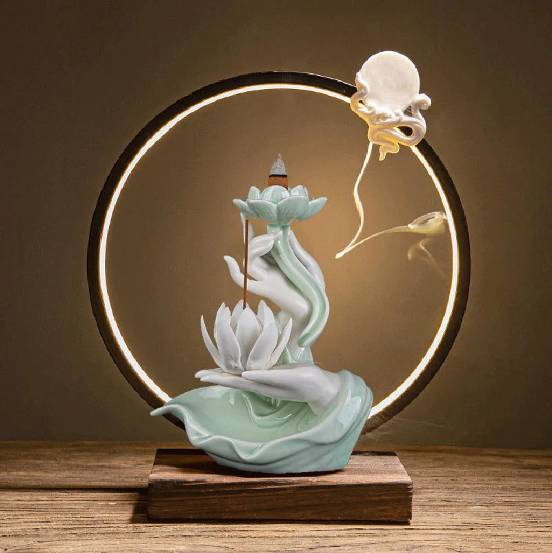 Chinese style Buddha's Hand Lotus LED Reflux Incense Burner Stand