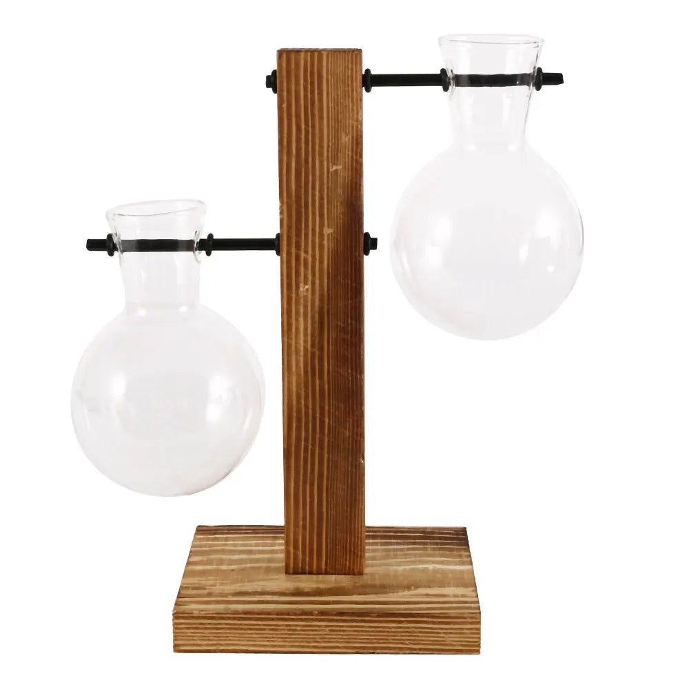 Creative Glass Planter Bulb Vase Wooden Stand Hydroponic Plant Container