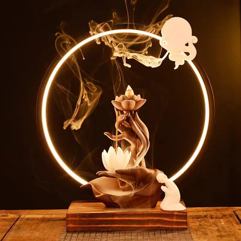 Chinese style Buddha's Hand Lotus LED Reflux Incense Burner Stand