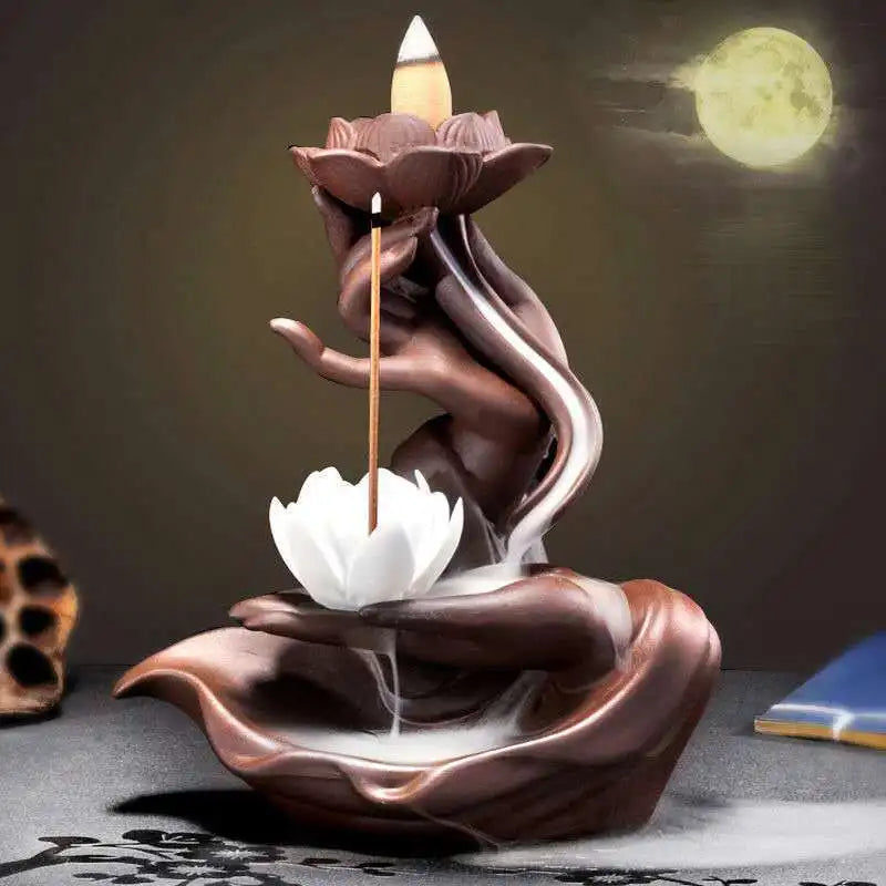 Chinese style Buddha's Hand Lotus LED Reflux Incense Burner Stand