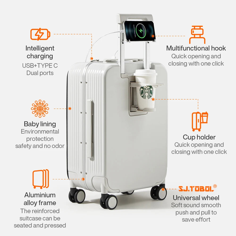 Aluminum Frame Suitcase Carry On with USB Port Cup and Phone Holder