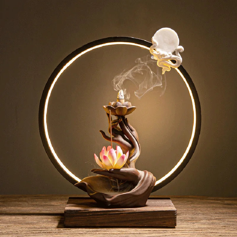 Chinese style Buddha's Hand Lotus LED Reflux Incense Burner Stand