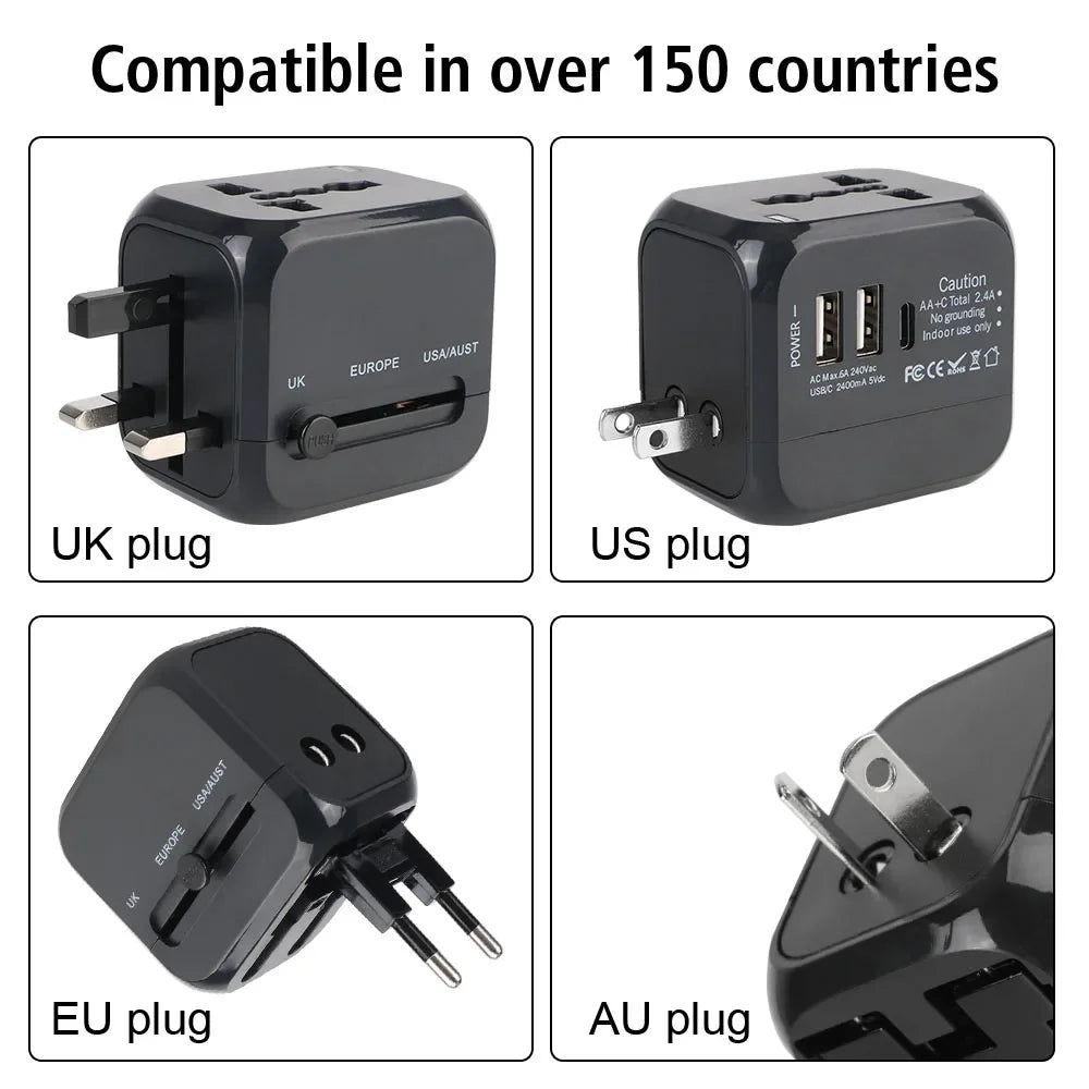 Universal All-in-One Wall Travel Charger Adapter with 2 USB And 1 Type C - Includes US EU UK AU Plugs