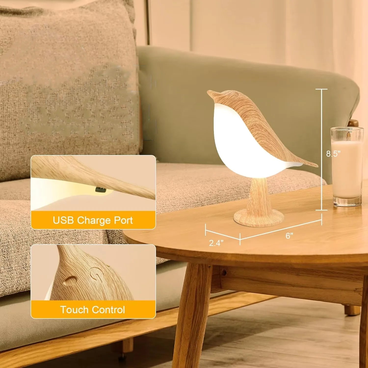 1pc LED Touch-Control Bird Lamp 3-Levels Dimmable, USB-Cordless with Rechargeable Battery