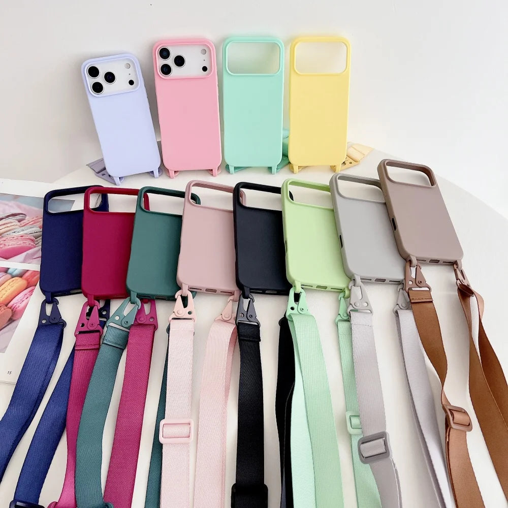 Crossbody Necklace Strap Matte Silicone Case For iPhone Shockproof Cover
