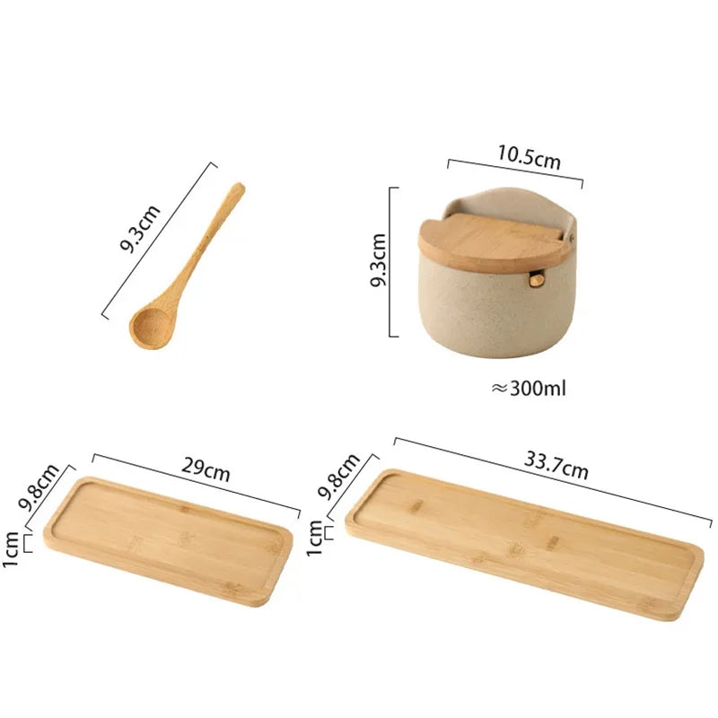 Japanese Style Ceramic Seasoning Jar Bamboo lid Spice jar With Spoon