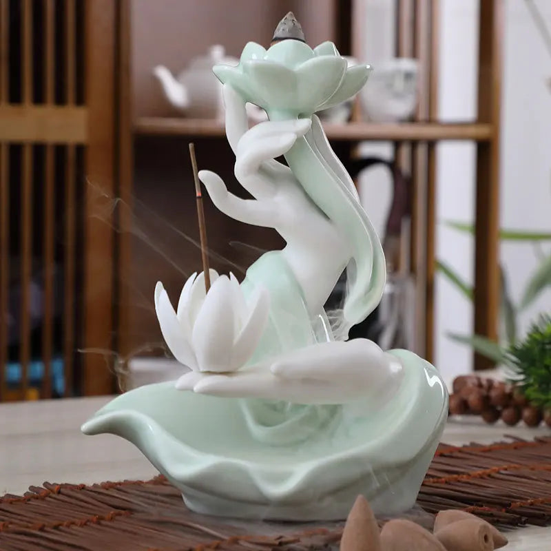 Chinese style Buddha's Hand Lotus LED Reflux Incense Burner Stand