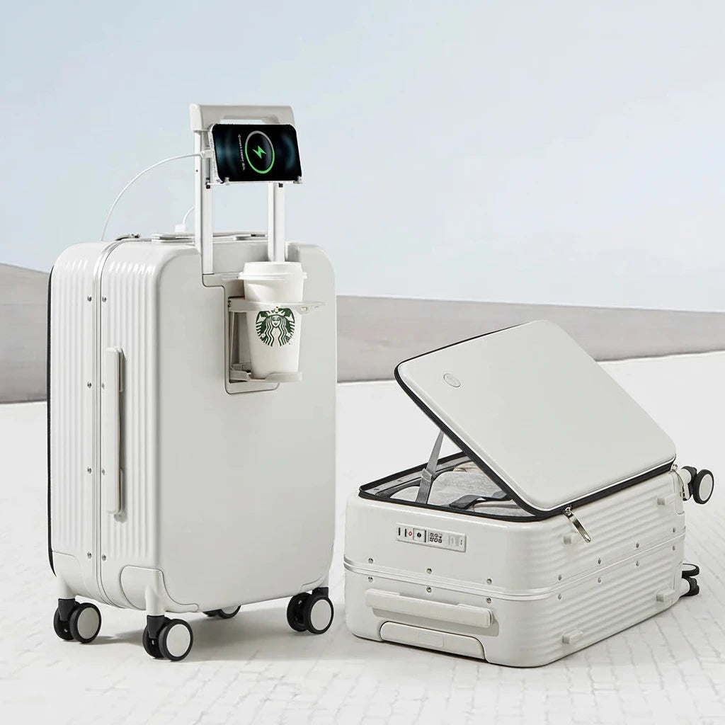 Aluminum Frame Suitcase Carry On with USB Port Cup and Phone Holder