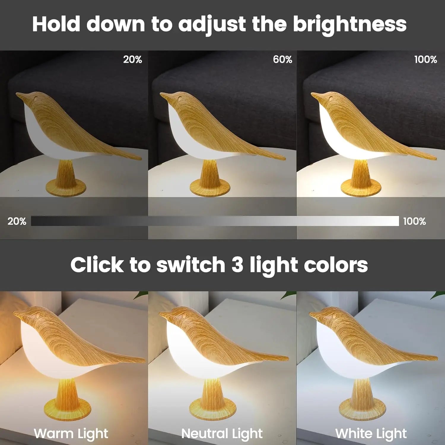 1pc LED Touch-Control Bird Lamp 3-Levels Dimmable, USB-Cordless with Rechargeable Battery