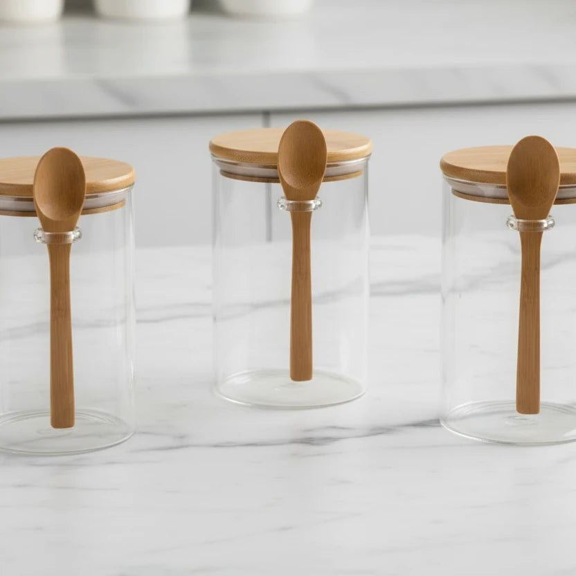 1/2/3/4pcs Airtight Glass Jars with Bamboo Lids and Spoons 18oz Transparent Glass