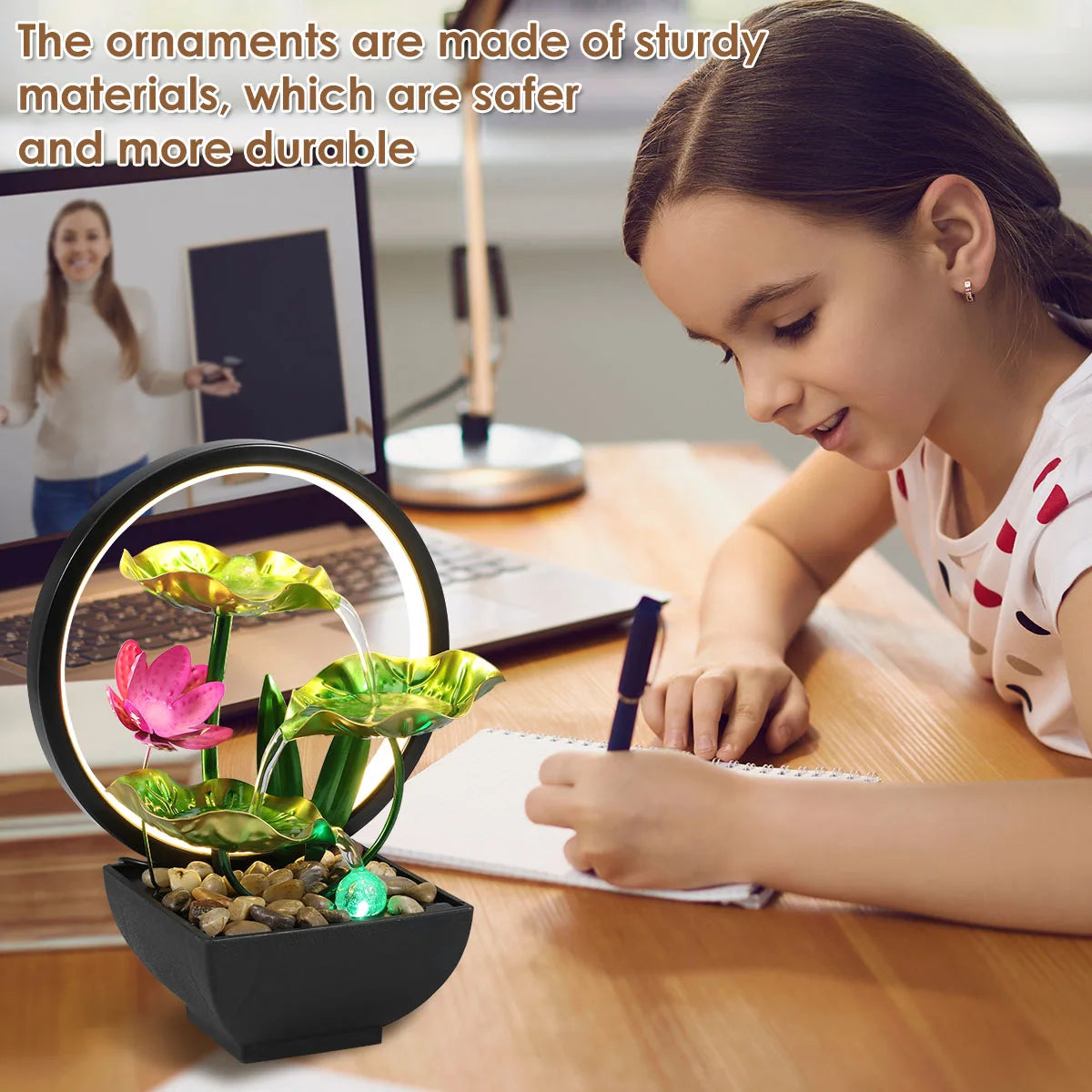Tabletop Fountain 3-Tiers Lotus Leaf Small Waterfall with Rocks and LED Ring Lights