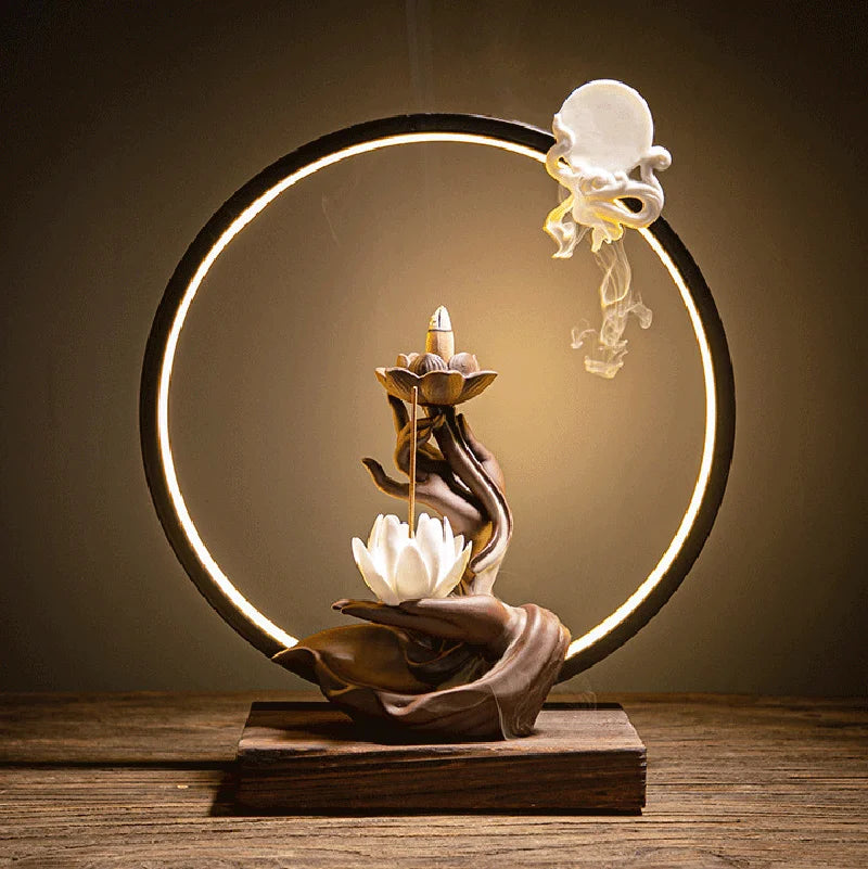 Chinese style Buddha's Hand Lotus LED Reflux Incense Burner Stand