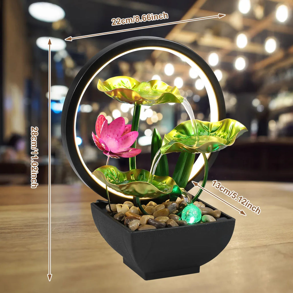 Tabletop Fountain 3-Tiers Lotus Leaf Small Waterfall with Rocks and LED Ring Lights
