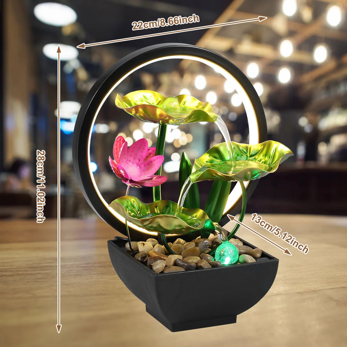 Tabletop Fountain 3-Tiers Lotus Leaf Small Waterfall with Rocks and LED Ring Lights