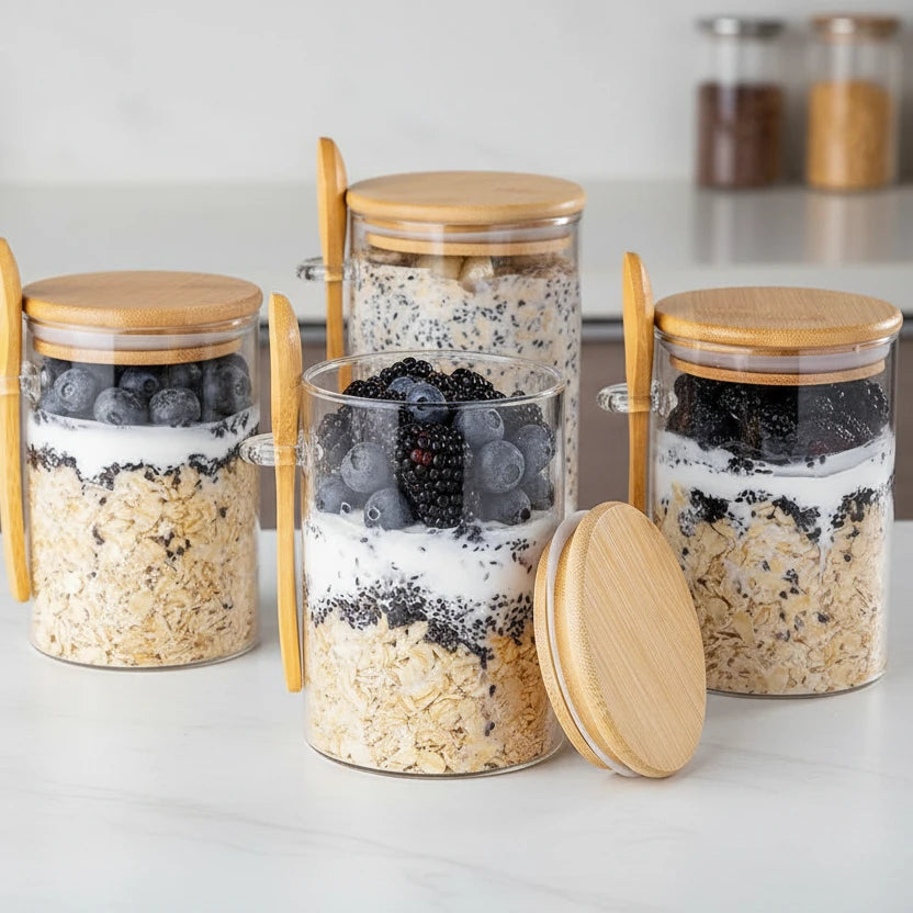 1/2/3/4pcs Airtight Glass Jars with Bamboo Lids and Spoons 18oz Transparent Glass