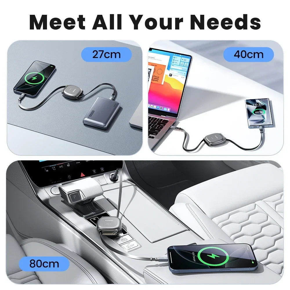 100W Type C Retractable Cable Mini Size 480Mbps