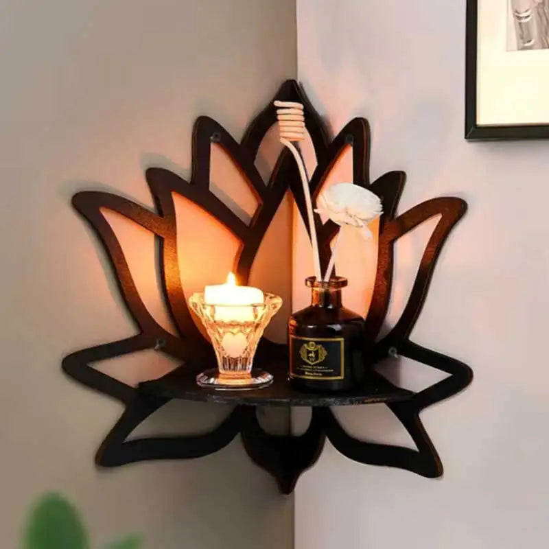 Wooden Lotus Hollow Decorative Rack Mounted Corner Shelf