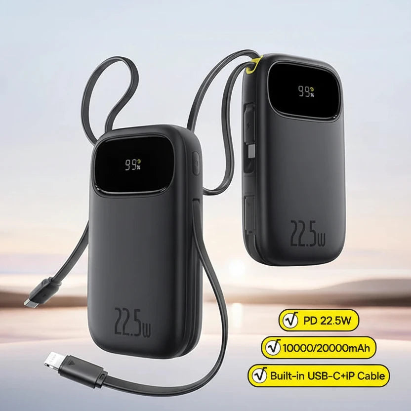 22.5W 10000mAh 20000mAh Power Bank Built-In Retractable USB-C & Lightning Cable