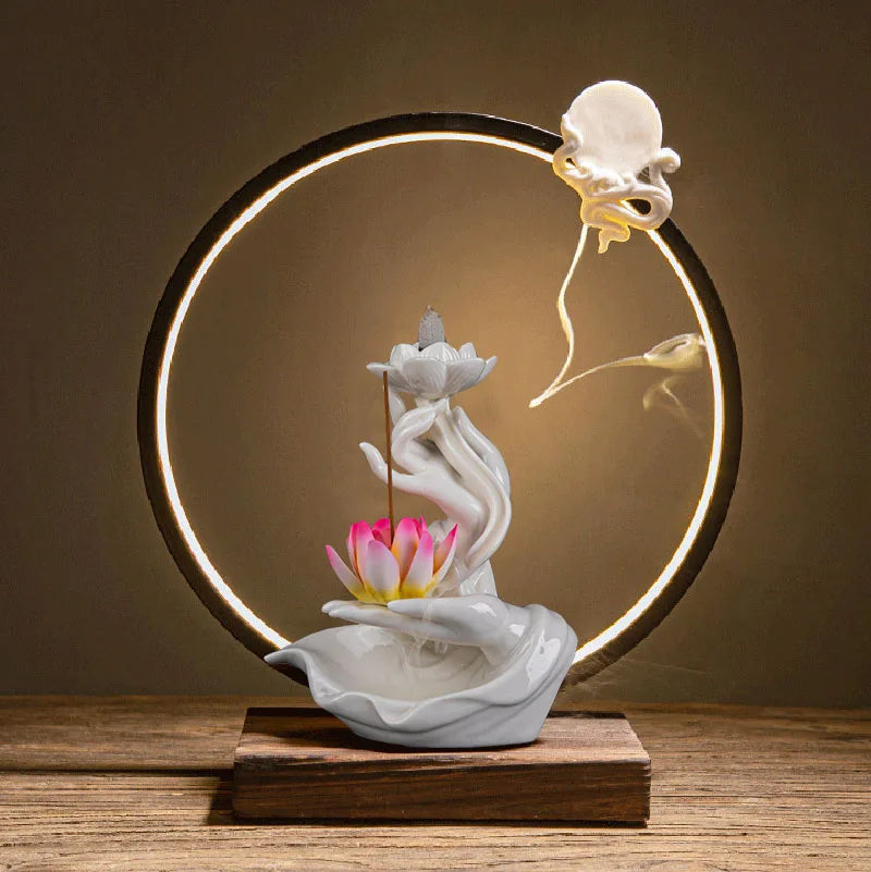 Chinese style Buddha's Hand Lotus LED Reflux Incense Burner Stand