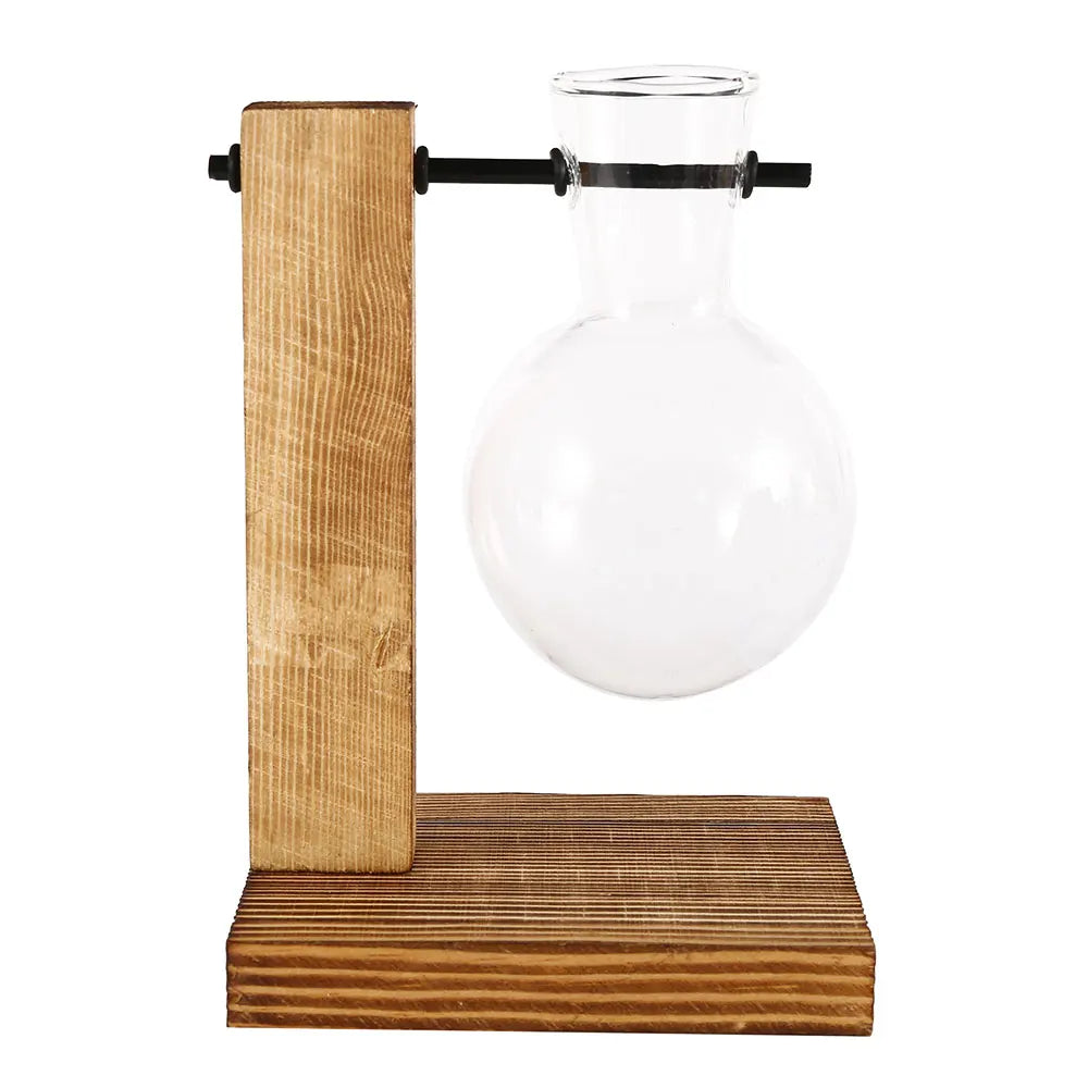 Creative Glass Planter Bulb Vase Wooden Stand Hydroponic Plant Container