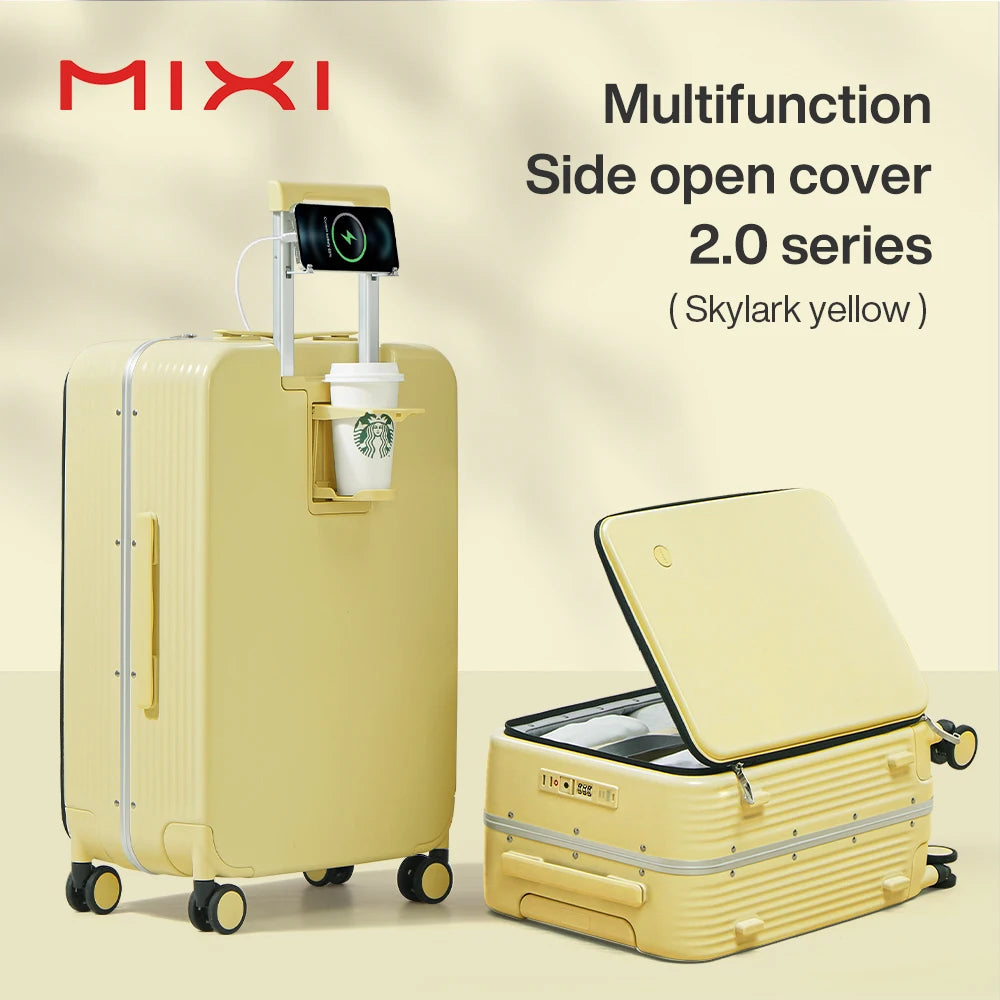 Aluminum Frame Suitcase Carry On with USB Port Cup and Phone Holder