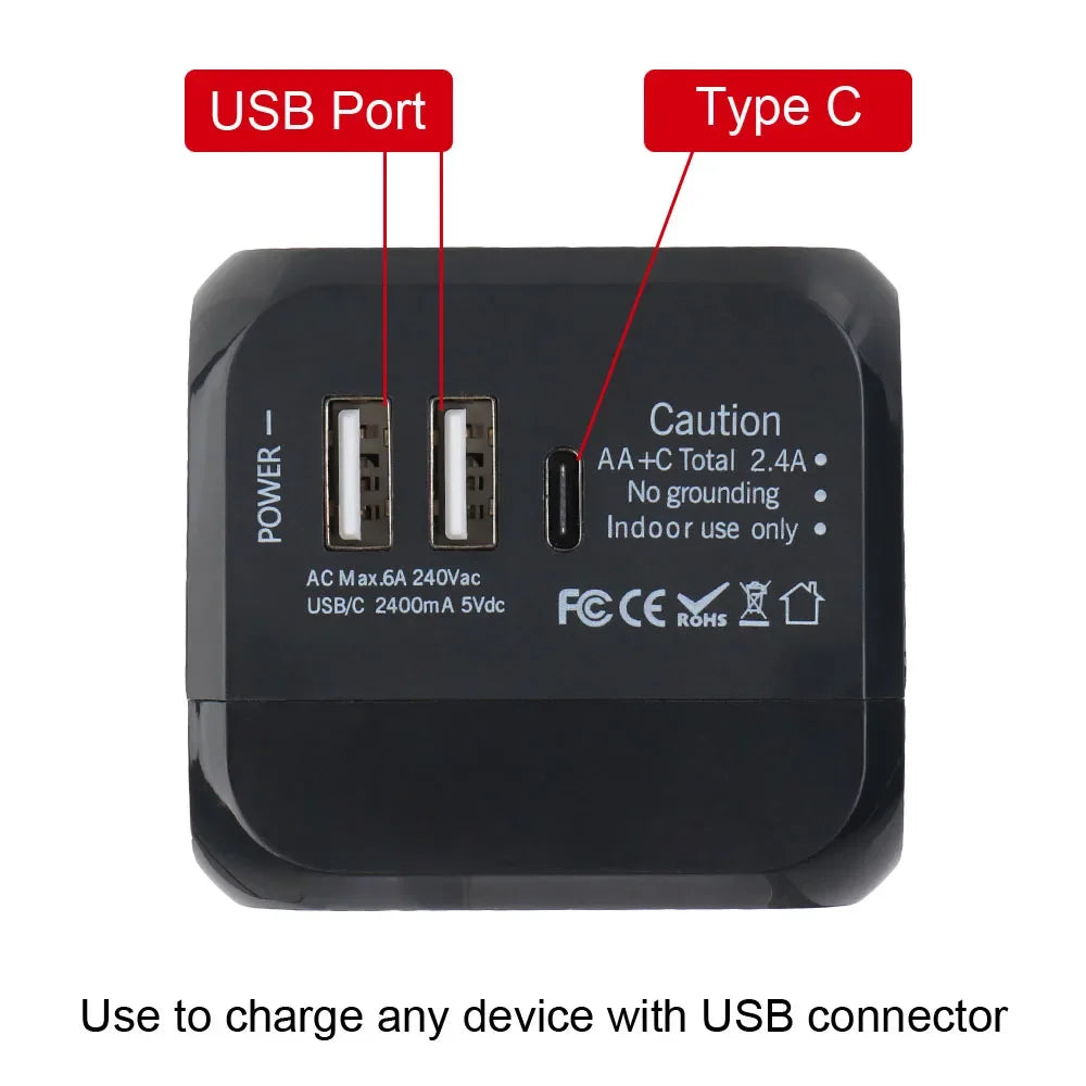 Universal All-in-One Wall Travel Charger Adapter with 2 USB And 1 Type C - Includes US EU UK AU Plugs