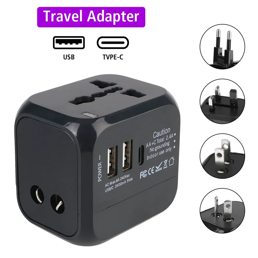 Universal All-in-One Wall Travel Charger Adapter with 2 USB And 1 Type C - Includes US EU UK AU Plugs