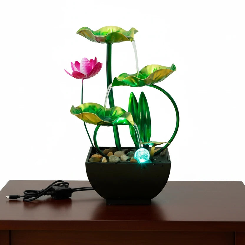 Tabletop Fountain 3-Tiers Lotus Leaf Small Waterfall with Rocks and LED Ring Lights