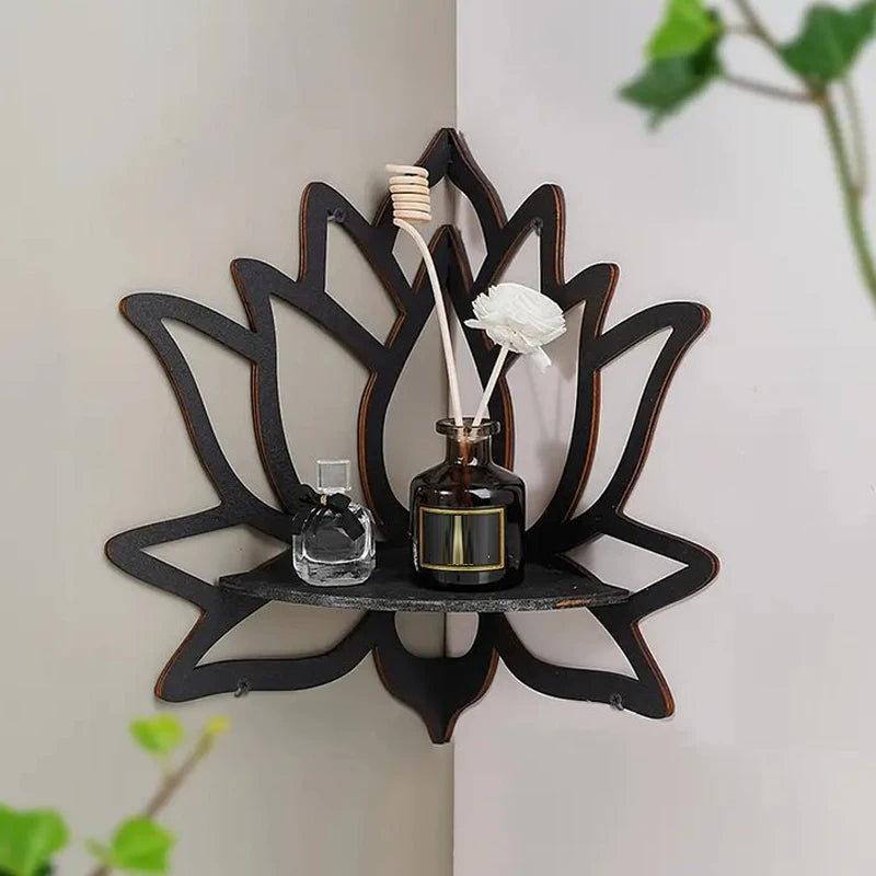 Wooden Lotus Hollow Decorative Rack Mounted Corner Shelf