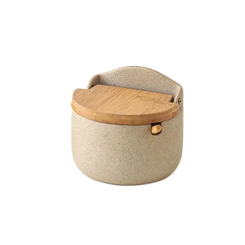 Japanese Style Ceramic Seasoning Jar Bamboo lid Spice jar With Spoon
