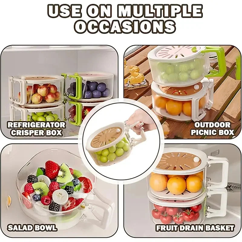 2-in-1 Double Layer Fruit Drainer Container with Foldable Handle