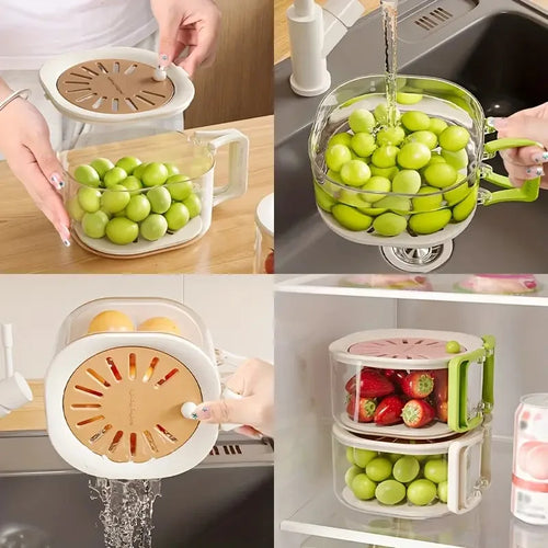 2-in-1 Double Layer Fruit Drainer Container with Foldable Handle