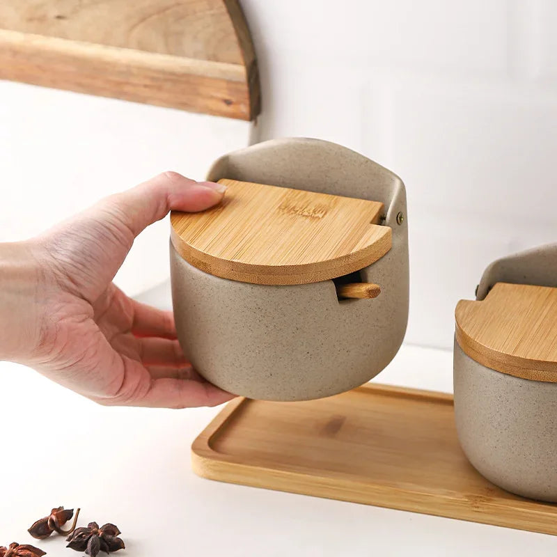 Japanese Style Ceramic Seasoning Jar Bamboo lid Spice jar With Spoon