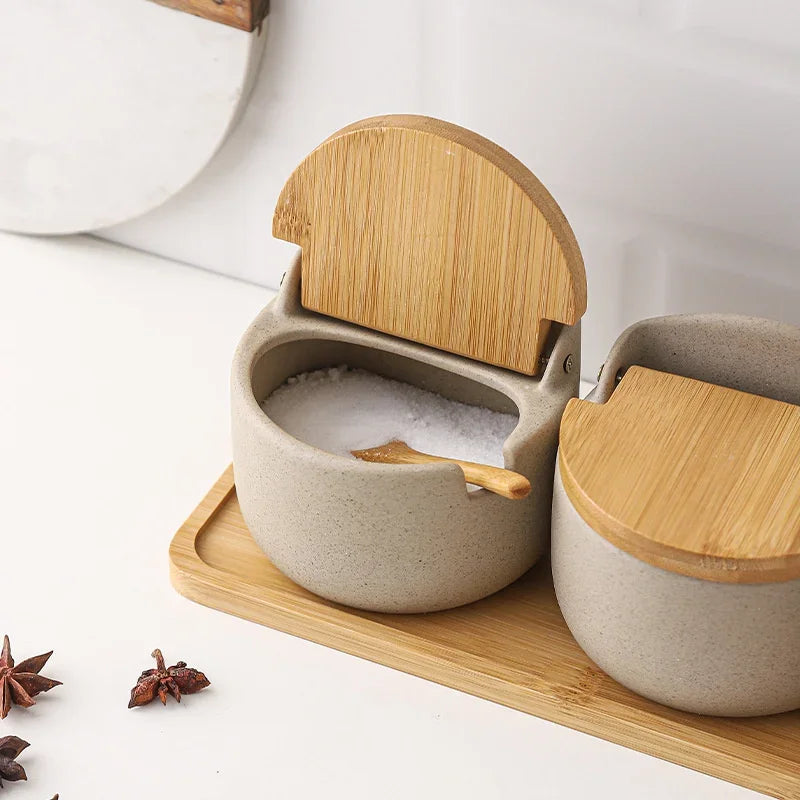 Japanese Style Ceramic Seasoning Jar Bamboo lid Spice jar With Spoon
