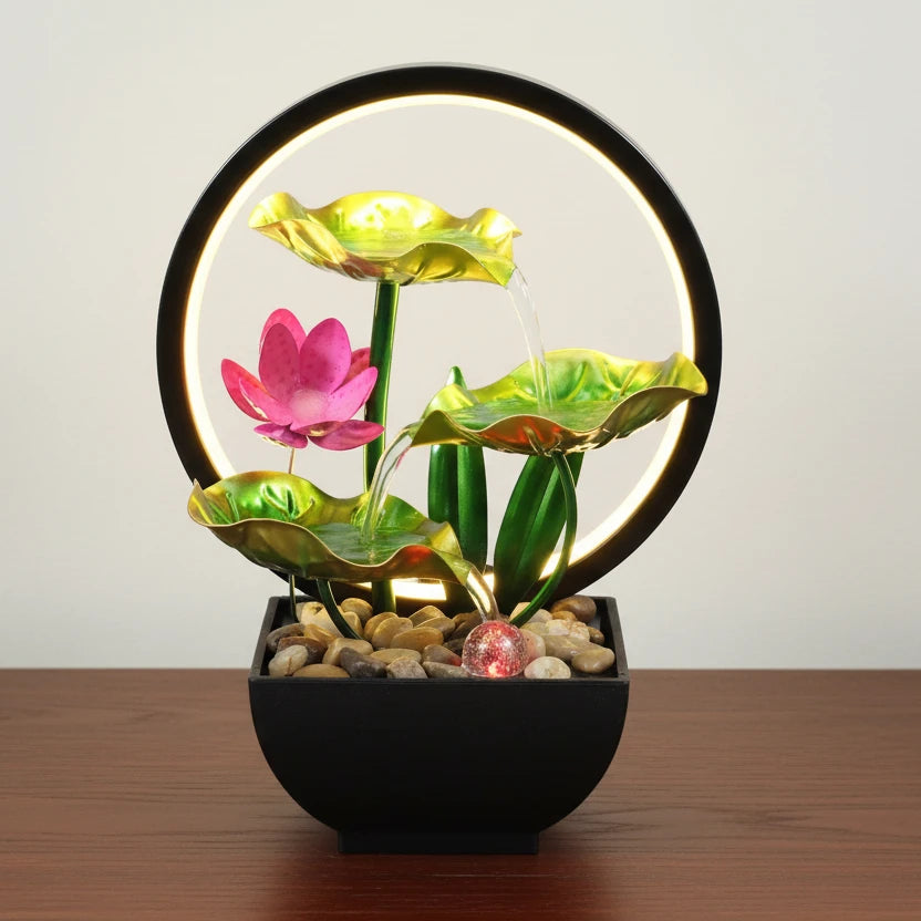 Tabletop Fountain 3-Tiers Lotus Leaf Small Waterfall with Rocks and LED Ring Lights