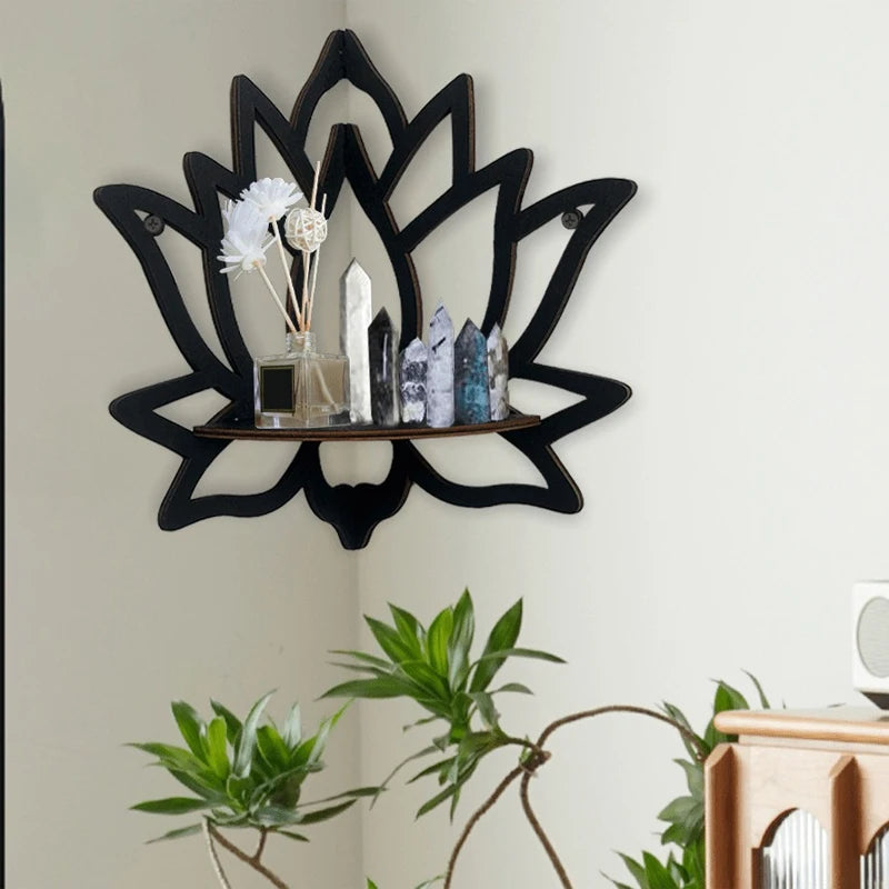 Wooden Lotus Hollow Decorative Rack Mounted Corner Shelf
