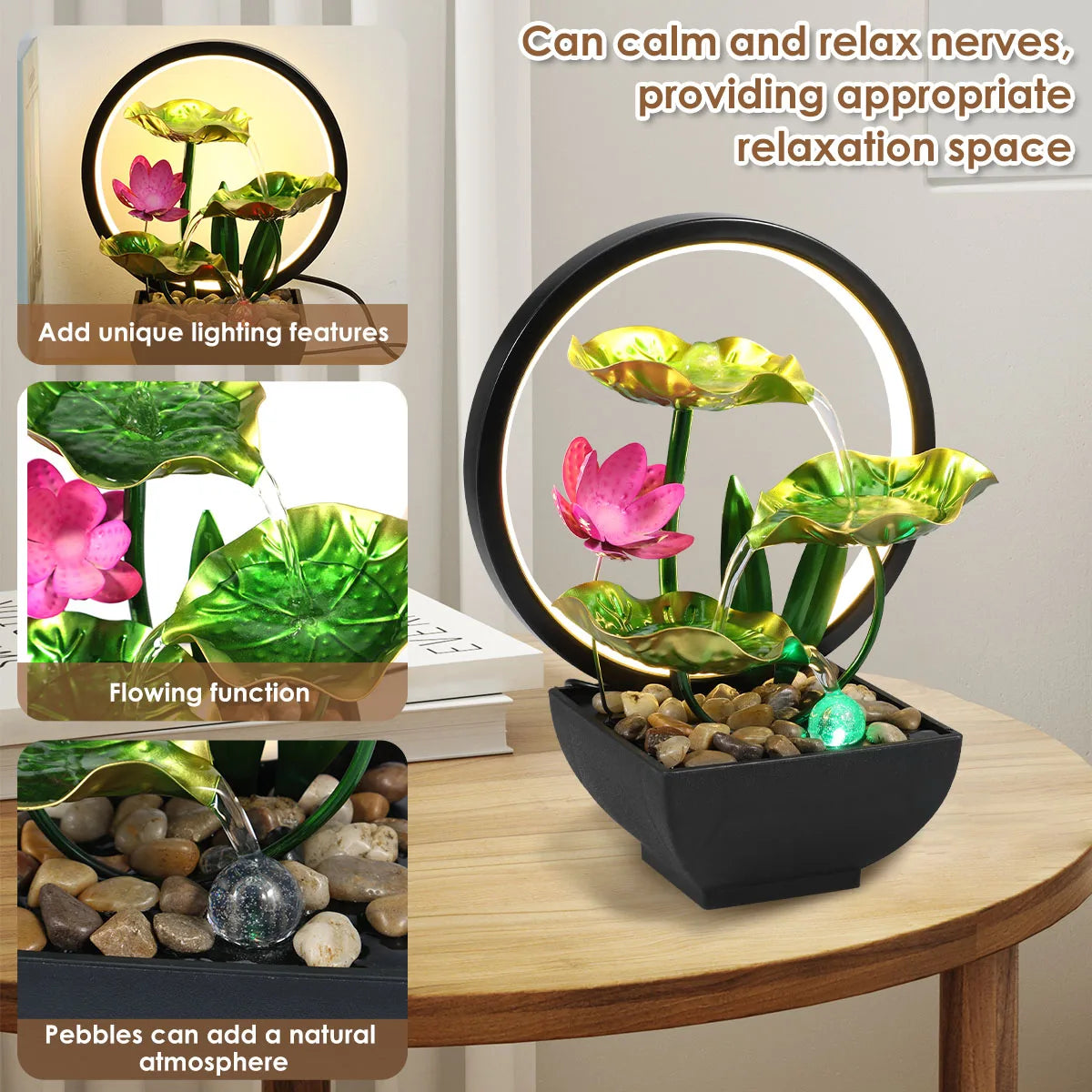 Tabletop Fountain 3-Tiers Lotus Leaf Small Waterfall with Rocks and LED Ring Lights