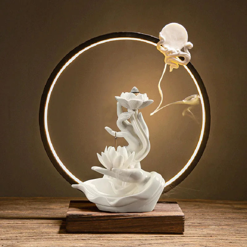 Chinese style Buddha's Hand Lotus LED Reflux Incense Burner Stand