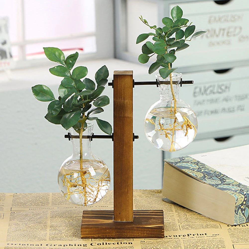 Creative Glass Planter Bulb Vase Wooden Stand Hydroponic Plant Container
