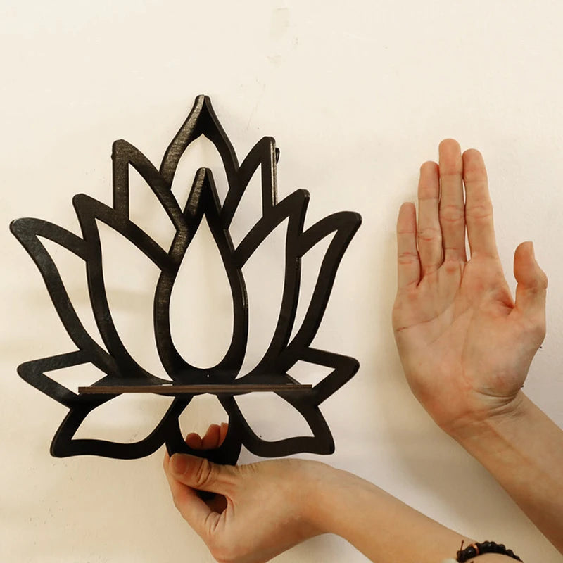 Wooden Lotus Hollow Decorative Rack Mounted Corner Shelf