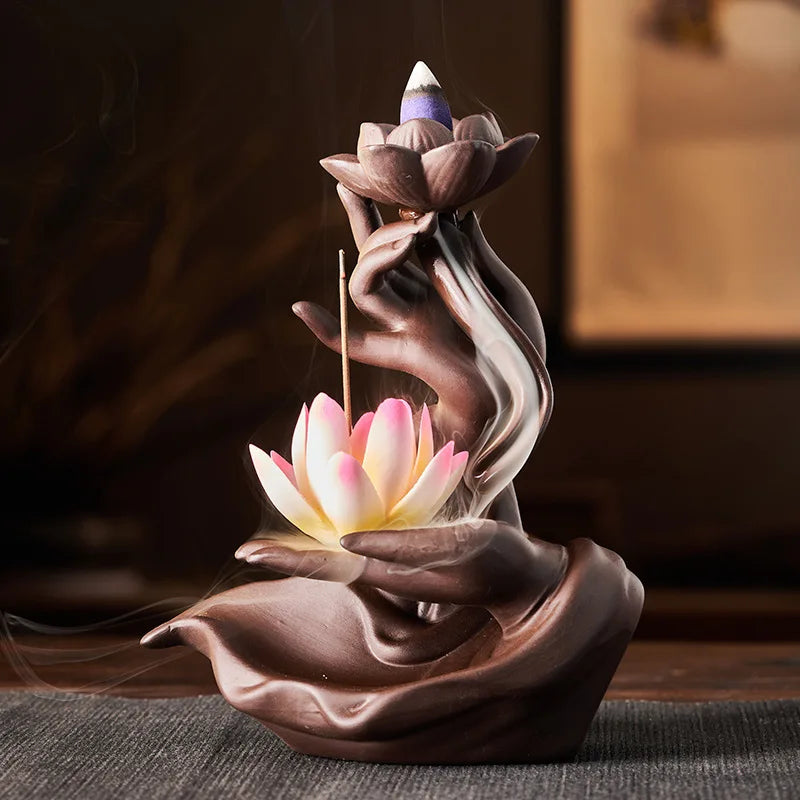 Chinese style Buddha's Hand Lotus LED Reflux Incense Burner Stand