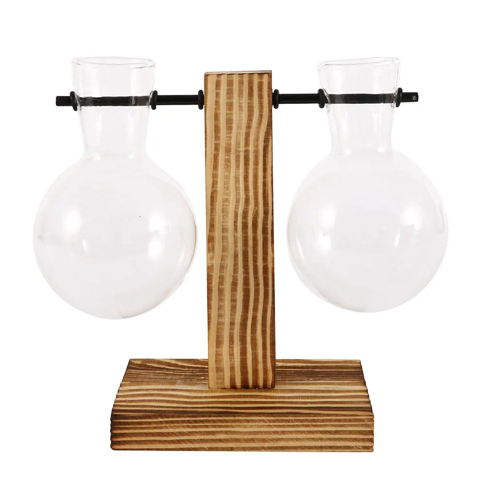 Creative Glass Planter Bulb Vase Wooden Stand Hydroponic Plant Container