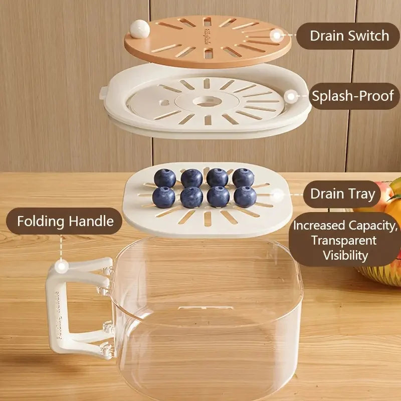 2-in-1 Double Layer Fruit Drainer Container with Foldable Handle