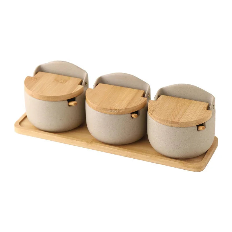 Japanese Style Ceramic Seasoning Jar Bamboo lid Spice jar With Spoon