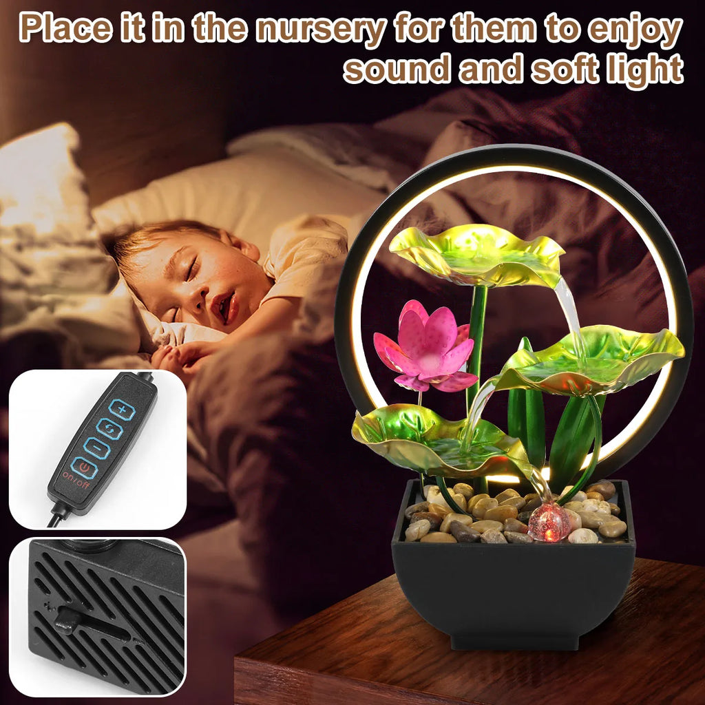 Tabletop Fountain 3-Tiers Lotus Leaf Small Waterfall with Rocks and LED Ring Lights