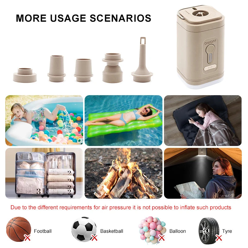 3 in 1 Mini Electric Inflatable Pump with Lights Wireless Air Compressor Inflate Deflate Air Pump