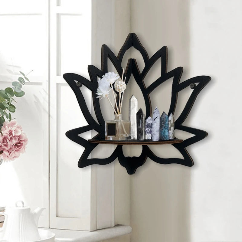 Wooden Lotus Hollow Decorative Rack Mounted Corner Shelf