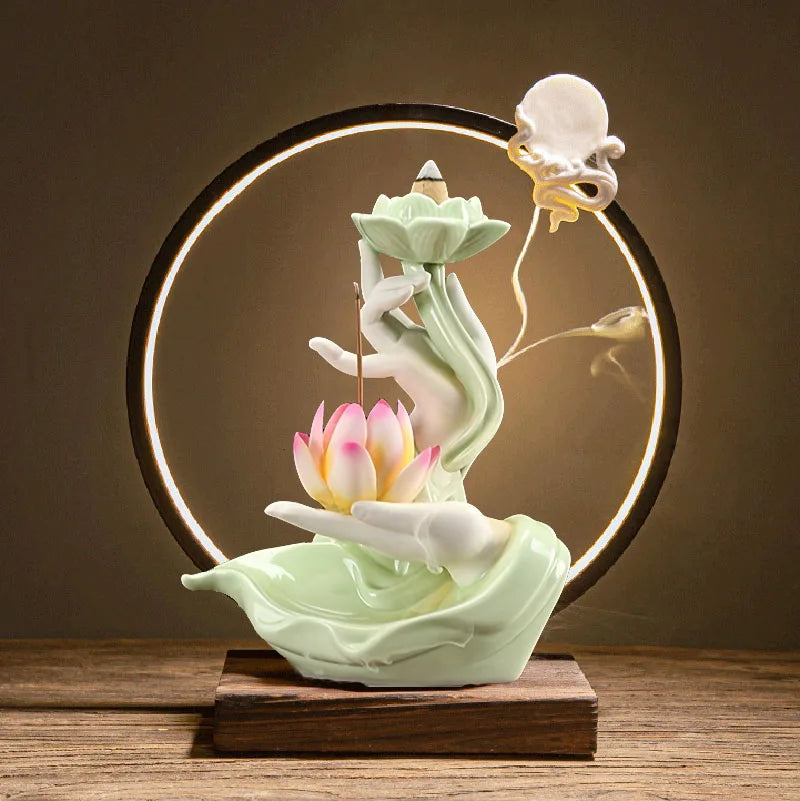 Chinese style Buddha's Hand Lotus LED Reflux Incense Burner Stand