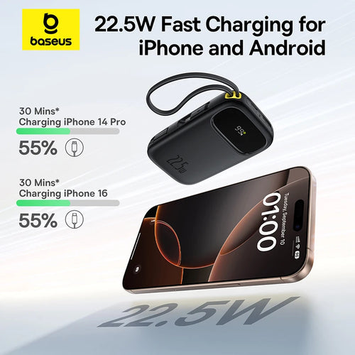 22.5W 10000mAh 20000mAh Power Bank Built-In Retractable USB-C & Lightning Cable